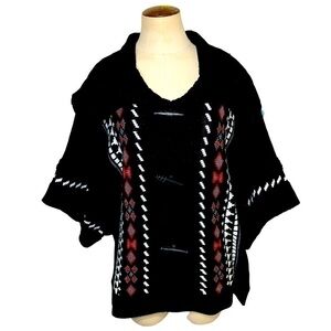 Vintage Knit Poncho Sweater Sz L Black Southwester Geometric Dolman Sleeve